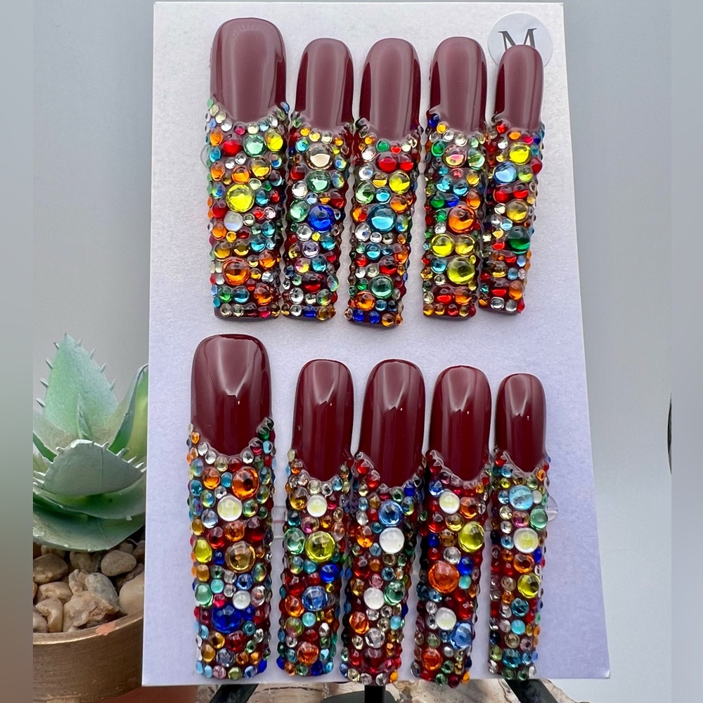 XXlong Coffin Nails Multi Color Rhinestone Deep Red